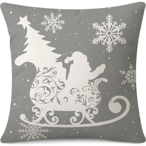 Housse De Coussin - Noel - 45 X 45 Cm - Imprimé Flocons Sapins Rennes Bonhommes De Neige - Gris Blanc - Lot De 4 (1/5)