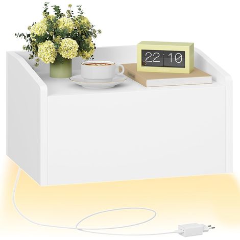 Table de Chevet Suspendue, Table de Nuit Murale avec Éclairage LED, Étagère Murale Flottante avec 1 Tiroir, pour Chambre à Coucher, Salon, Blanc (1/5)