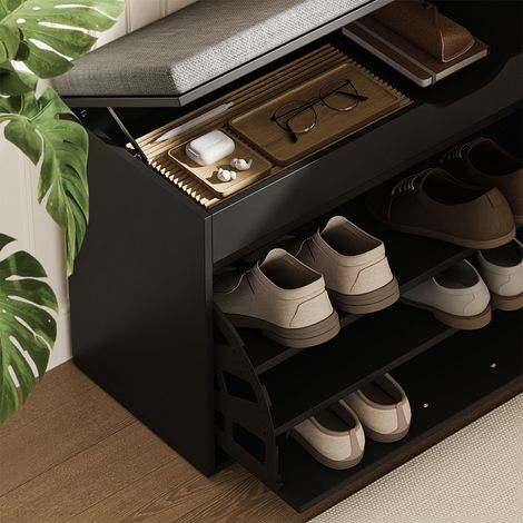 Banco para zapatos Solino, Negro/Gris, 90 x 50 cm con asiento, Vicco (1/5)