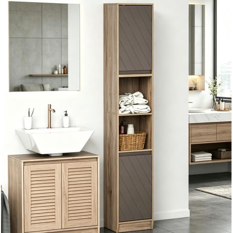 Badezimmerschrank 30x24x170 cm Grau/Eiche aus MDF und Spanplatte mit verstellbaren Regalen und 2 Türen (1/5)