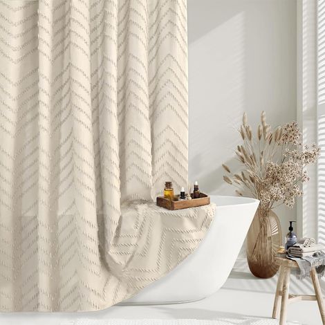 Rideau de Douche Beige bohème – 183 x 183 cm – Style Ferme Moderne bohème Chic touffeté à Chevrons texturés à Rayures – Tissu tissé Minimaliste Mignon Beige/crème (1/5)