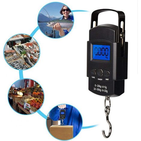 Balance de pêche portable à grand écran LCD, balance à bagages haute précision de 50 kg avec mètre ruban dissimulé d'un mètre. (1/5)