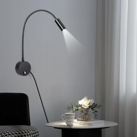 Lampada da lettura da parete a braccio flessibile 3W per comodino – Applique minimalista con tubo orientabile per camera hotel o camera da letto – Testa cilindrica nera
