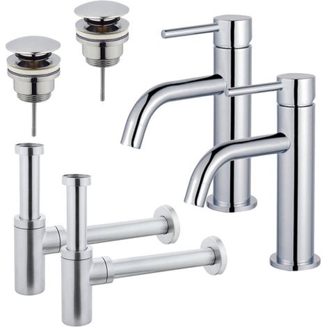FugaFlow Eccelente Sobrado Slim Kit robinet lavabo - pour double vasque - robinet bas - bonde clic clac - siphon design - Chrome brillant (1/4)