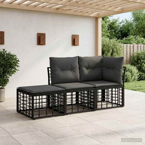 vidaXL Set di divani da esterno con cuscino 3 pcs Nero Poliestere