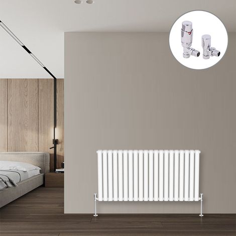 Oval Column Designer Radiator White + Chrome Angled TRV Thermostatic Radiator Valves Horizontal 600x1180mm Double Panel (1/3)