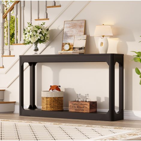 Tavolino consolle moderno minimalista, piano stretto con ripiani aperti, MDF nero (1/5)