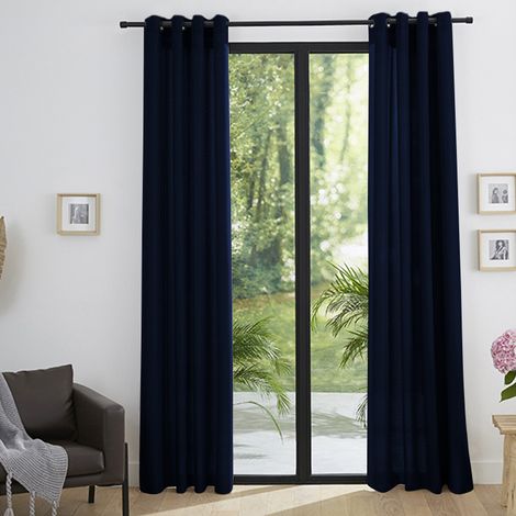 Paire de rideaux tamisants à œillets Effet Lin "Moonlight" Bleu Nuit - Bleu - 2 Panneaux 140 x 260 cm