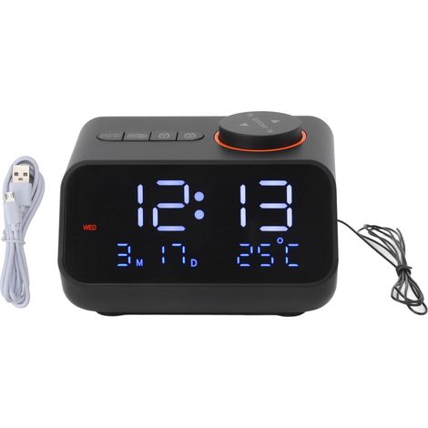 Alarm Clock Radio LED Digital Alarm Clock with FM Radio Music Temperature Humidity Display for Home Bedroom Desk Office Black