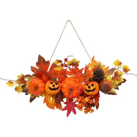 Herbstkranz mit Kürbissen und Ahornblättern, zum Aufhängen, Türdekoration für Halloween und Partys (1/5)
