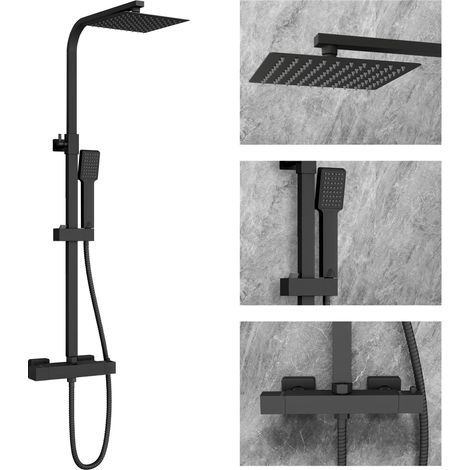 SKY Bathroom Thermostatic Exposed Shower Mixer Set Square Black Twin Head (1/5)
