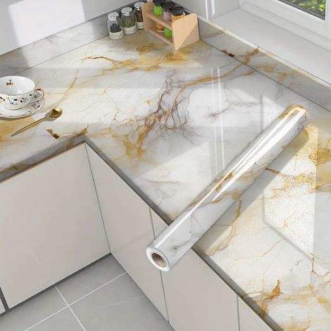 JSSEVN - Papel adhesivo de mármol beige mate de 40 cm x 500 cm, papel pintado de mármol dorado grueso, papel autoadhesivo de vinilo color crema beige para cocina (1/5)