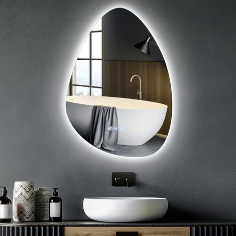 Miroir de salle de bain asymétrique avec éclairage LED, sans buée, 500 x 700 mm, montage mural, verre, moderne, blanc, 6400 K, économie d'énergie