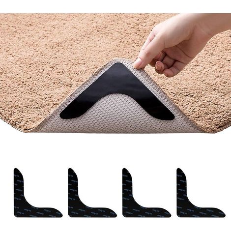 Lot de 4 autocollants antidérapants et réutilisables pour tapis de sol, sols en bois dur, carrelage, tapis de sol, gardez votre tapis en place et rendez les coins plats pour les coins (noir, 4 pièces) (1/5)