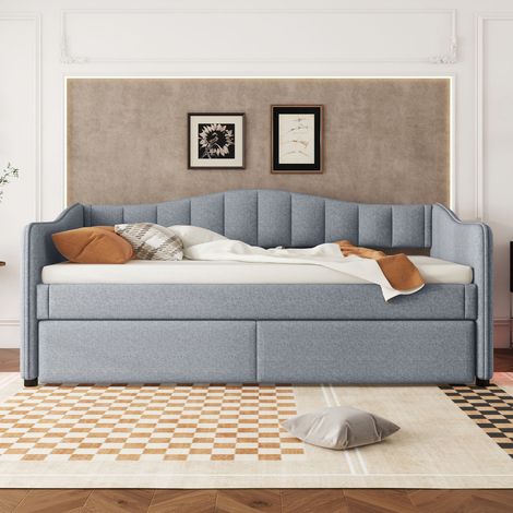 Banquette-lit Daybettt 90x200cm, canapé convertible avec couchage escamotable (sans matelas), design épuré lumineux, lin gris, style minimaliste