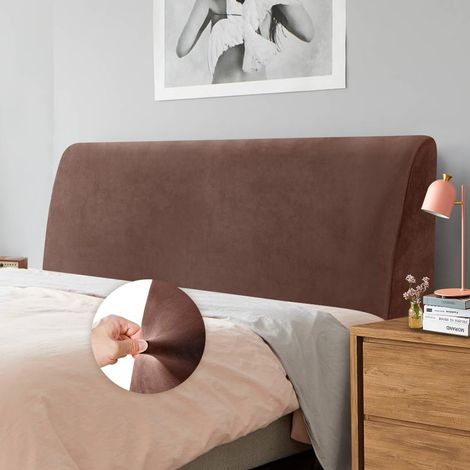 Housse de tête de lit - Tissu doux extensible en velours - Anti-poussière - Pour tête de lit de chambre à coucher rembourrée - 150-170 cm (Queen) - Café (1/5)