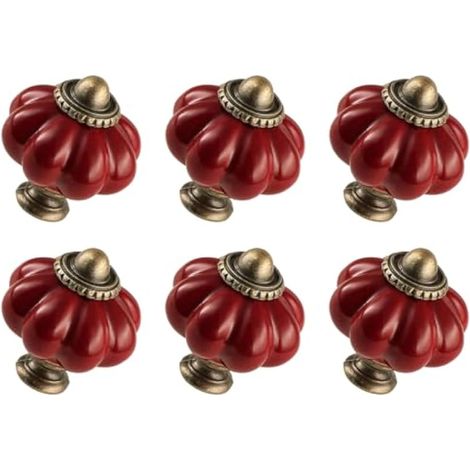 6 Boutons de tiroir en céramique citrouille rouge foncé vintage, poignées décoratives pour commode avec vis (1/5)
