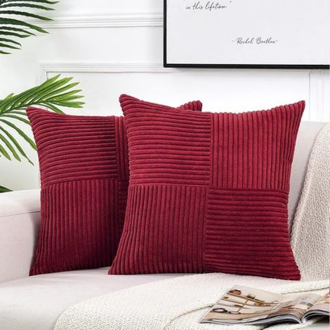 Set mit 2 dekorativen Kissenbezügen für Schlafsofas im rustikalen Bohème-Stil, quadratische Kissenbezüge aus weichem Cord (55 x 55 cm) – Burgunderrot (1/5)
