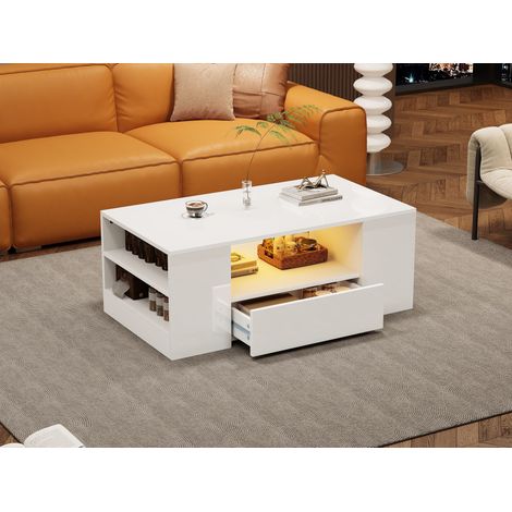 Table d'appoint moderne laquée brillante, 2 tiroirs + 2 étagères, meuble salon (95 x 53 x 37 cm) (1/5)