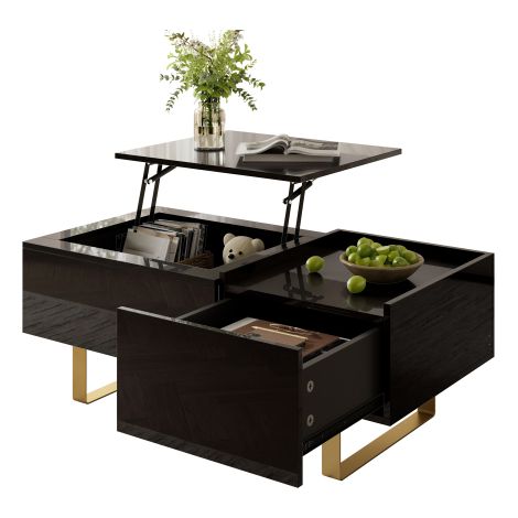 Tavolino regolabile in altezza, tavolino contenitore in MDF con superficie lucida, tavolino con cassetto e gambe in ferro, tavolo moderno per soggiorno. (1/5)