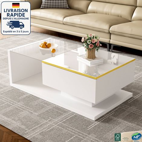 MODFU - Mesa de centro de cristal LED con espacio de almacenamiento abierto, mesa auxiliar para salón y dormitorio, 90 x 50 x 32 cm, color blanco (1/5)