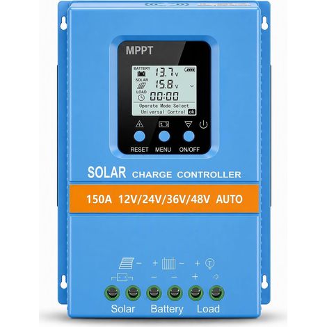 150A Régulateur de charge solaire MPPT 12V/24V/36V/48V - Détection automatique - Écran LCD - Protection contre la surcharge pour camping-car/camion/installation PV domestique - Batterie LiFePO4