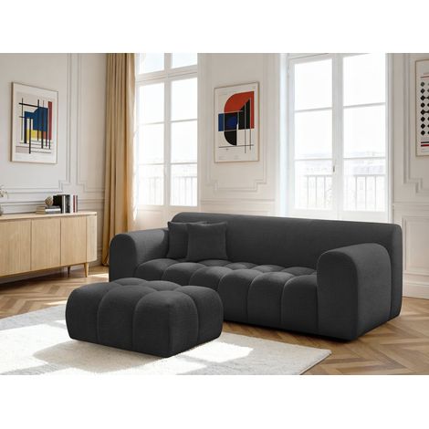 BOBOCHIC - Canapé droit fixe 3 places MELISSE tissu texturé avec pouf Noir (1/5)