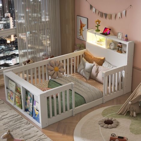 Cama infantil (208x95x75 cm), con barandillas altas, USB y luz nocturna, con espacio de almacenaje, madera, blanco (1/5)