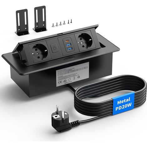 Prise encastrable Plan de Travail USB-C PD 20W, Aluminium, Interrupteur Multiprise encastrable avec 2 prises, 2500W/10A, 2 USB-A 18W, mécanisme à ressort, câble 1,8 m, bureau et cuisine (1/5)