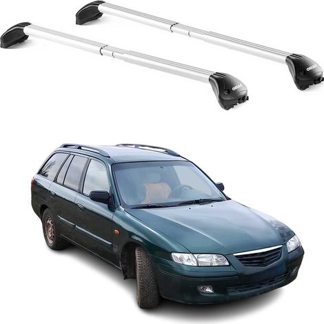 OMAC Barres de toit transversales certifiées TÜV pour Mazda 626 GE Break 1992-1997 – Verrouillables (4 antivols) – Charge max 100 kg – Sangle inox + protection caoutchouc Argent (1/4)