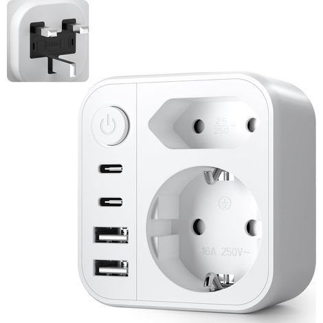 6 en 1 Adaptateur Prise Anglaise UK, Adaptateur Prise Anglaise, Prise Anglaise Adaptateur Francais avec 2 USB A, 2 Type C, 2 Prise, Type G pour UK/Irlande/Malaisie/Maldives (1/5)