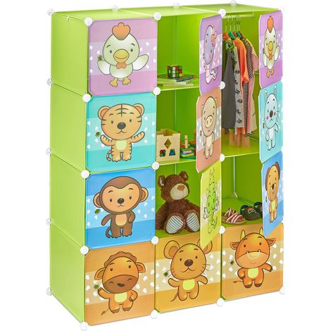 Étagère Rangement Enfants casier modulable Plastique Animaux penderie Armoire Portes Tringle, Vert (1/5)