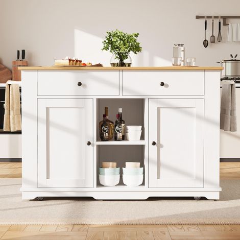 Kücheninsel und Küchenwagen mit Steckdosen,Servierwagen mit Arbeitsplatte,Buffet-Servierwagen in Weiß mit Holzmaserung für moderne Küchen. (1/5)