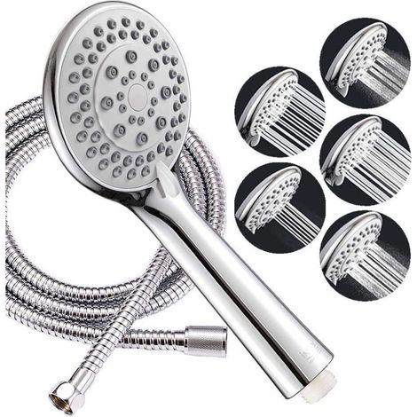 Pommeau de douche 107 mm – 5 fonctions – Finition chromée anti-calcaire – Tuyau flexible acier inoxydable 150 cm (1/4)
