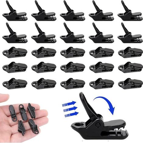 Lot de 25 clips de voile et de bâche en plastique, mâchoires dentelées antidérapantes, pinces robustes pour tente, caravane, bâche et camping, noir (1/5)