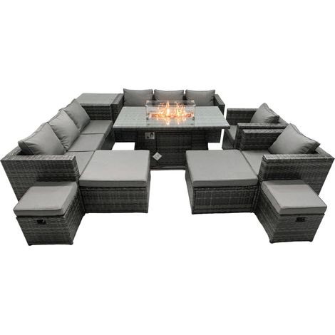 Fimous Rattan Gartenmöbel Set 12-Sitzer Garten Sofa Gas Feuertisch Set mit Beistelltisch 2 hohen Hockern