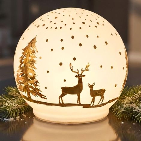 LED Weihnachtskugel zum Stellen matt weiß mit Timer - 12 cm - Glaskugel warm weiß beleuchtet batteriebetrieben
