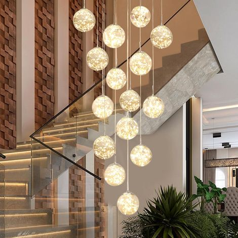 Lustre Lampe Boule de Verre 15 LED, Pendentif Lumière LED d'escalier, 75W Lampe Suspensions Long étoilé Créatif, Longueur Réglable Pendant Light, Plafonniers Modernes pour Villas, Escaliers et Salons (1/5)
