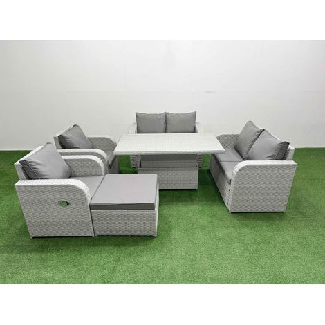 Fimous 7 Seater Outdoor Reclining Chair Love Sofa Set Rattan Garden Furniture Set with Adjustable Lifting Dining or Coffee Table Footstool Light Grey (1/5)