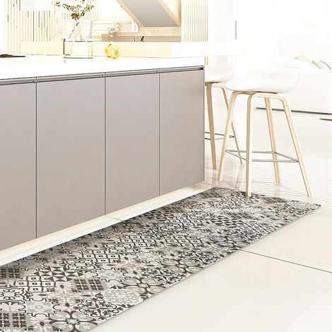 1 Tapis De Sol Antidérapant Vinyle 2,5mm Gris Tuiles 180x50cm Protection Cuisine Salle De Bain (1/4)