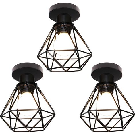 Vintage Ceiling Light Flush Mount Ceiling Lamp Metal Cage Lampshade Black Pendant Light 3-pack