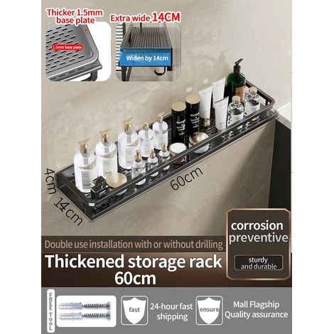 Étagère murale en aluminium noir épais (60 cm) pour salle de bain, rangement pour shampoing, organisateur de cuisine. (1/5)
