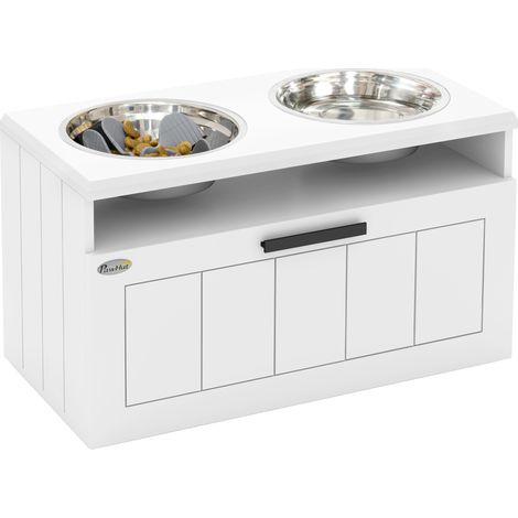 Raised Dog Bowl with Slow Feeder, Two Stainless Steel Dog Bowls, Drawer, for Large and Extra Large Dogs, White (1/5)