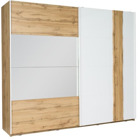 Armadio WOOD 250 cm – 2 porte scorrevoli con specchio – Rovere e bianco (1/4)