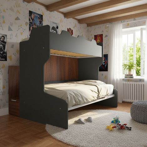 Letto a castello salvaspazio con scala contenitore - 1 Piazza e mezza + singolo - Basalto e Noce