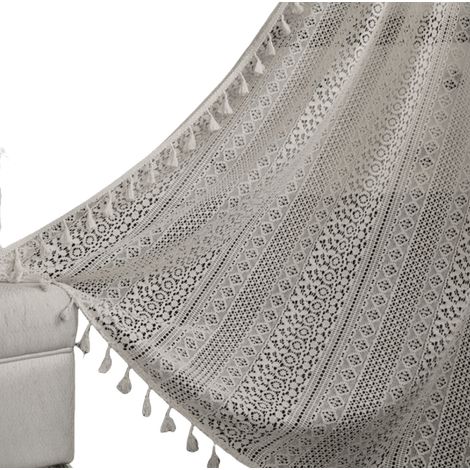 Rideau de fenêtre en coton crocheté avec pompons et passe-tringle, semi-transparent, pour chambre à coucher, salon, 1 pièce (beige B, 140 x 280 cm) (1/4)