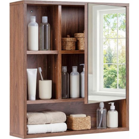 Armoire Murale Salle de Bain avec Miroir, 55 x 61 cm, Armoire de Toilette avec Étagère Réglable, 3 Compartiments Ouverts, Brun (1/5)