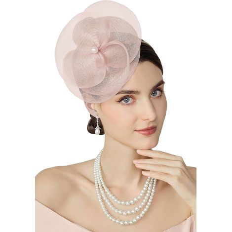 JeiibrZui Damen-Fascinator-Hut – Blumen-Netz-Haarreif mit Clip – Einheitsgröße – 1 Stück – Nude-Rosa – Ideal für Hochzeiten, Pferderennen oder Cocktailpartys (1/5)