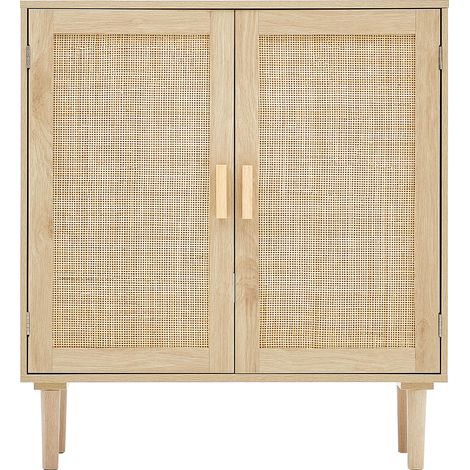 Mophorn Mobiletto in rattan - Finitura naturale con 2 ante magnetiche e ripiani regolabili, credenza ideale per corridoio, ingresso, soggiorno e cucina (1/5)