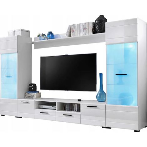 Dusine – Meuble TV 260 cm blanc laqué – Vitrines LED multicolores avec télécommande – Style moderne – Production européenne normes CE